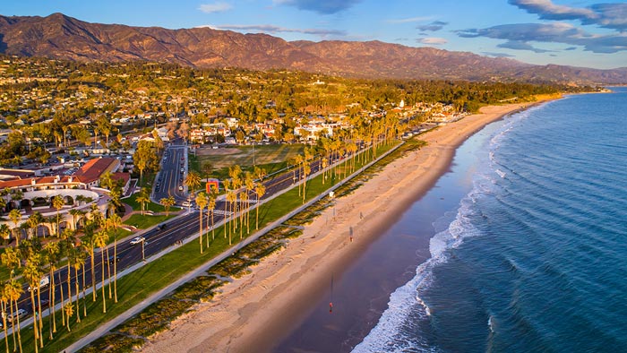aerial of East Beach at sunset, Santa Barbara, California
